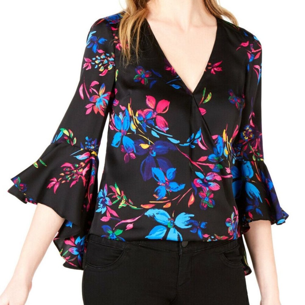 Bar III Floral Flower Ruffle Sleeve Surplice Blouse Top Medium